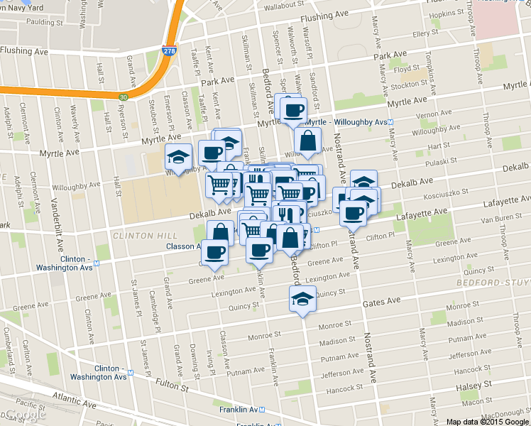 map of restaurants, bars, coffee shops, grocery stores, and more near 996 Bedford Avenue in Brooklyn
