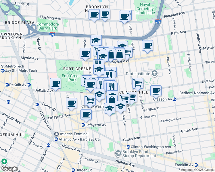 map of restaurants, bars, coffee shops, grocery stores, and more near 232 Vanderbilt Avenue in Brooklyn