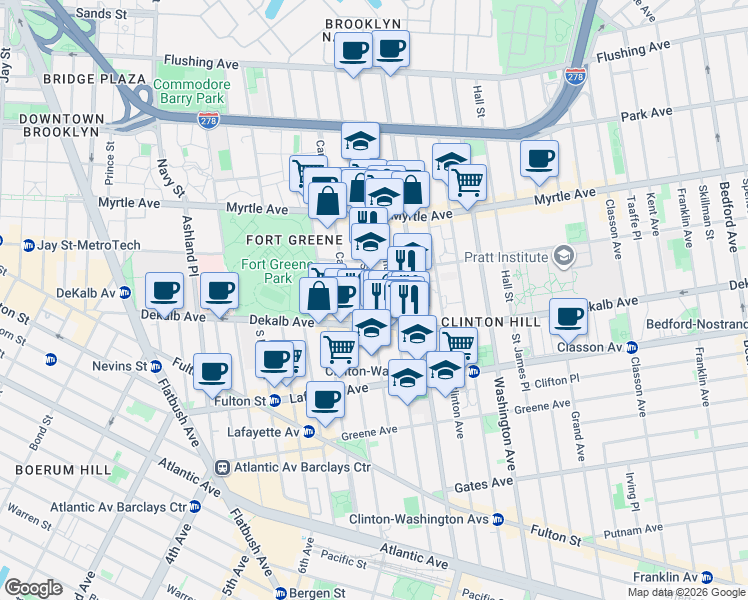 map of restaurants, bars, coffee shops, grocery stores, and more near 225 Adelphi Street in Brooklyn