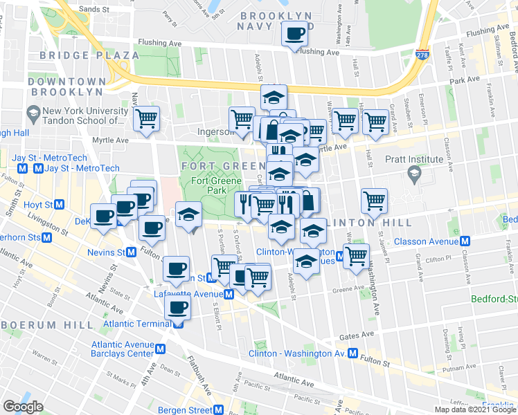 map of restaurants, bars, coffee shops, grocery stores, and more near 242 Carlton Avenue in Brooklyn