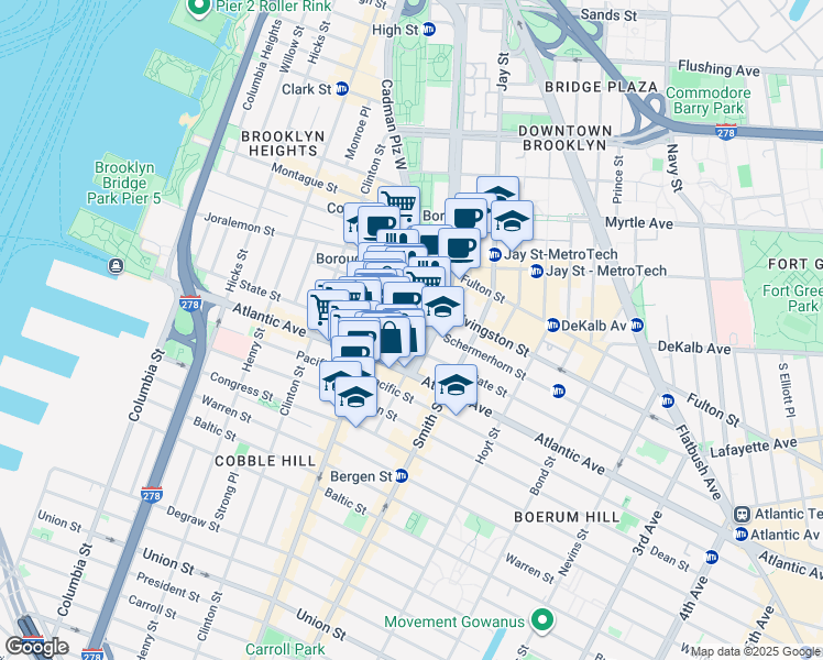 map of restaurants, bars, coffee shops, grocery stores, and more near 99 Schermerhorn Street in Brooklyn