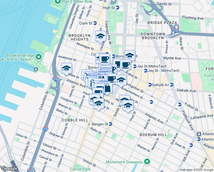 map of restaurants, bars, coffee shops, grocery stores, and more near 111-115 City Point in Brooklyn