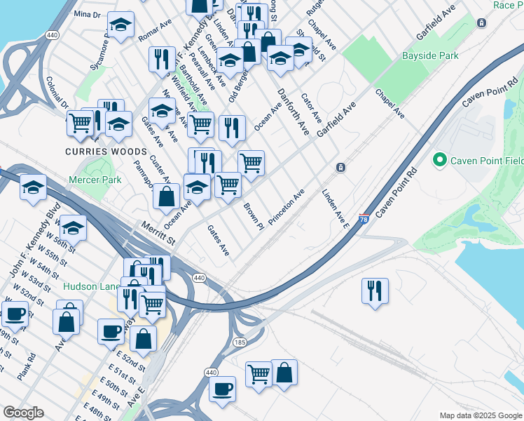 map of restaurants, bars, coffee shops, grocery stores, and more near 100 Brown Place in Jersey City