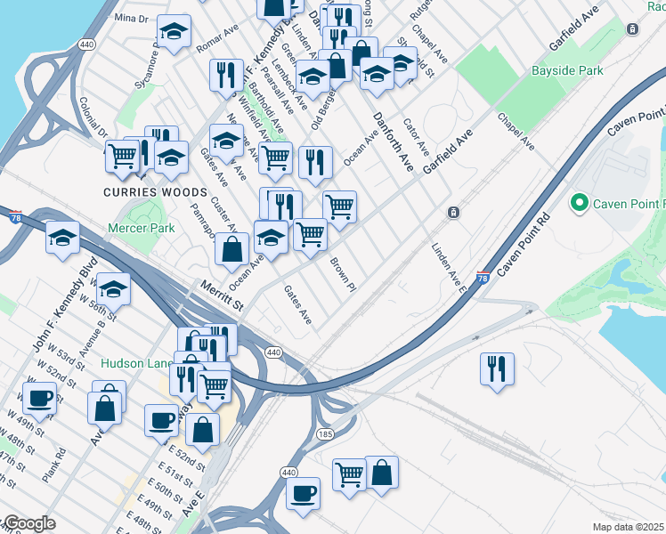 map of restaurants, bars, coffee shops, grocery stores, and more near 100 Brown Place in Jersey City