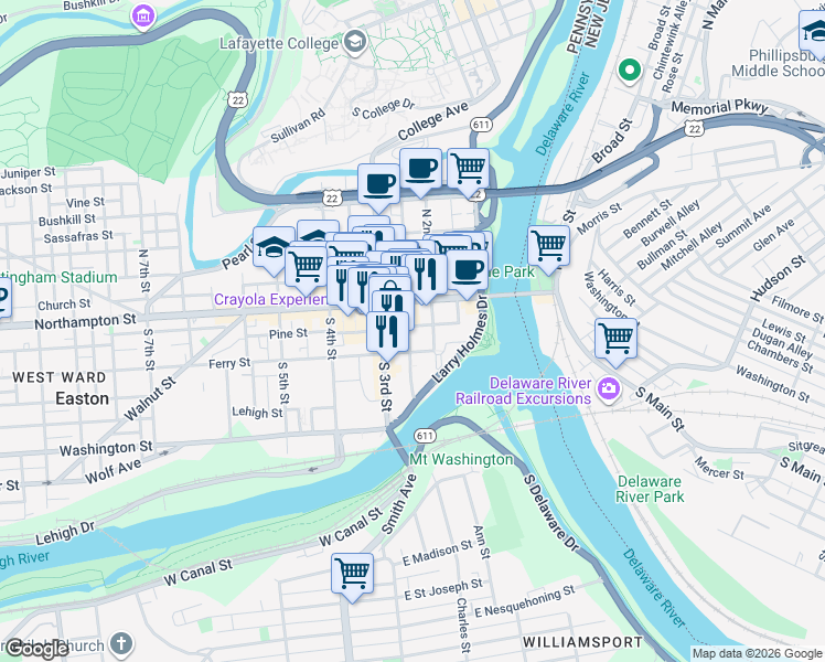 map of restaurants, bars, coffee shops, grocery stores, and more near 1 Lehns Court in Easton