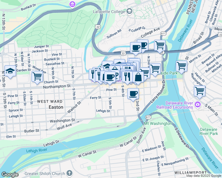 map of restaurants, bars, coffee shops, grocery stores, and more near 24 South 5th Street in Easton