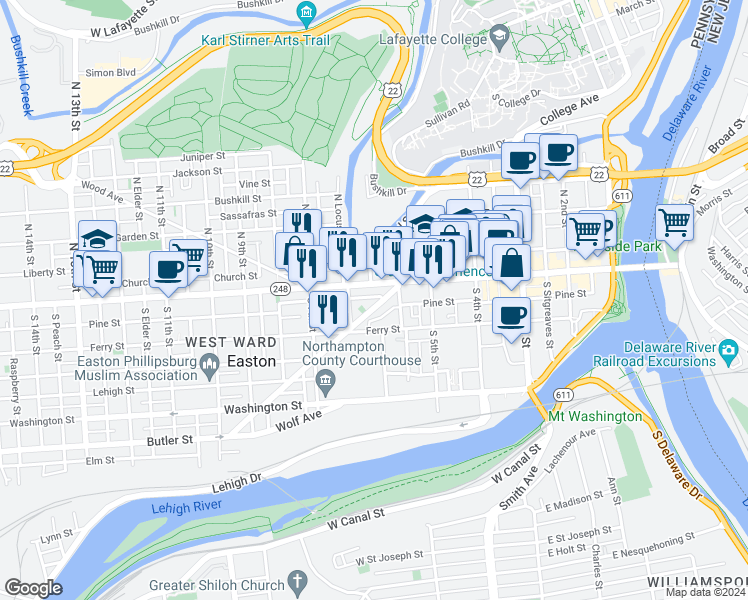 map of restaurants, bars, coffee shops, grocery stores, and more near 646 Pine Street in Easton