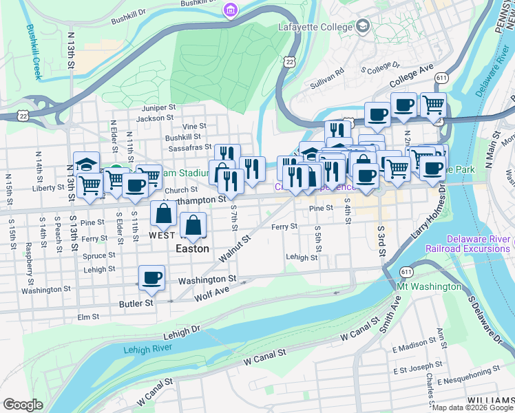 map of restaurants, bars, coffee shops, grocery stores, and more near 646 Pine Street in Easton