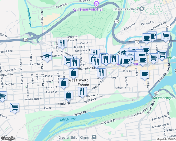 map of restaurants, bars, coffee shops, grocery stores, and more near in Easton