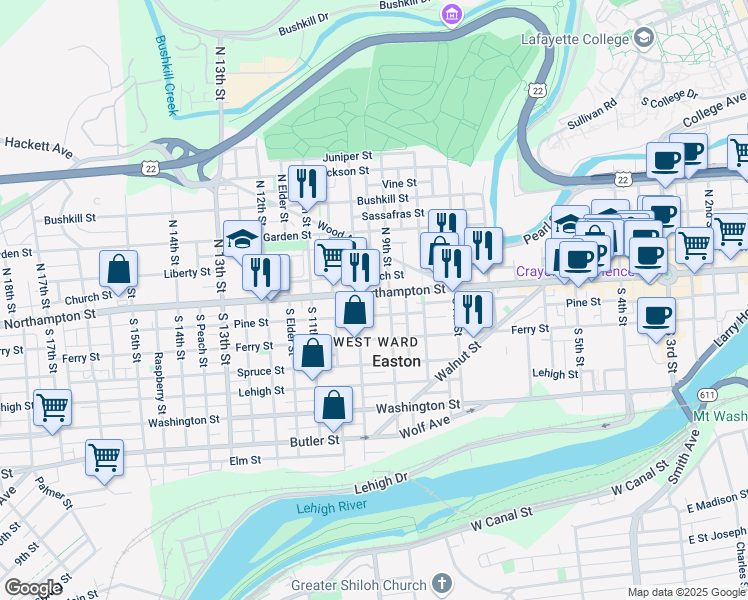 map of restaurants, bars, coffee shops, grocery stores, and more near in Easton