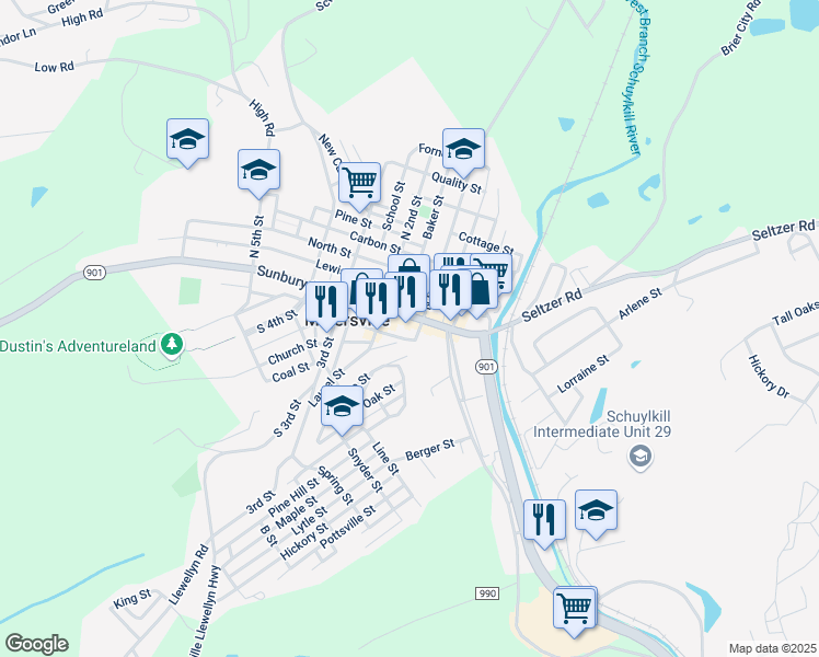 map of restaurants, bars, coffee shops, grocery stores, and more near 129 Sunbury Street in Minersville