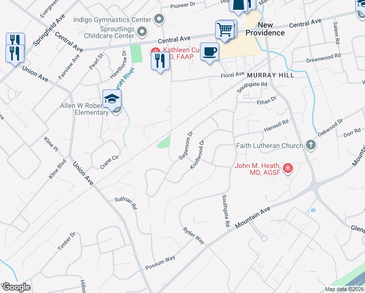 map of restaurants, bars, coffee shops, grocery stores, and more near 127 Sagamore Drive in New Providence