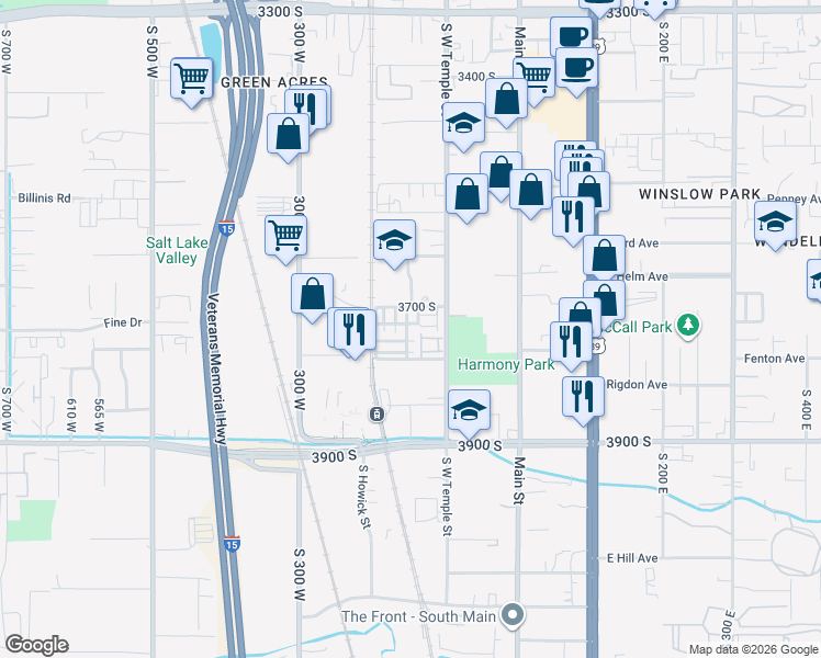 map of restaurants, bars, coffee shops, grocery stores, and more near 3713 South Luchars Lane in South Salt Lake
