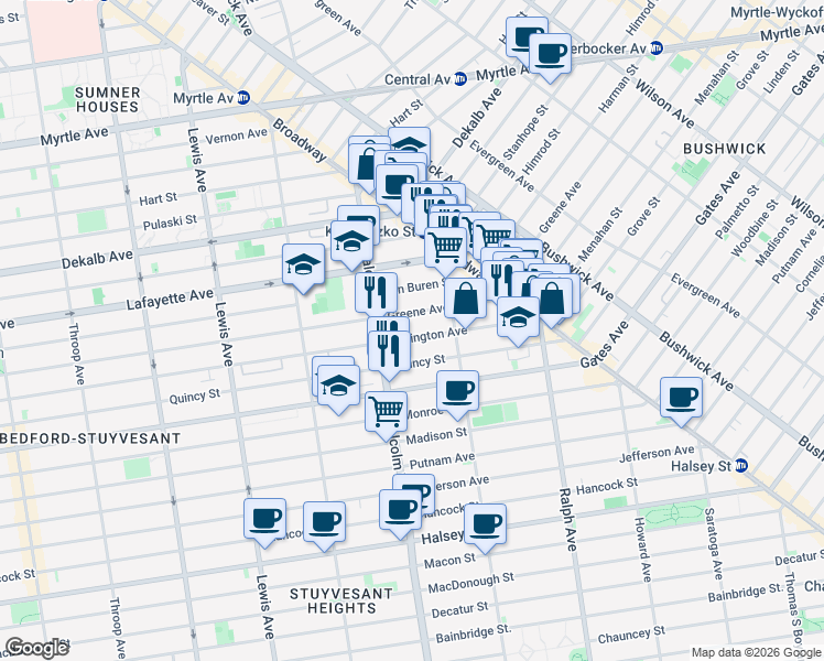 map of restaurants, bars, coffee shops, grocery stores, and more near 803 Lexington Avenue in Brooklyn