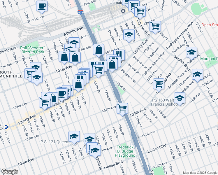 map of restaurants, bars, coffee shops, grocery stores, and more near 105-02 Van Wyck Expressway in Queens