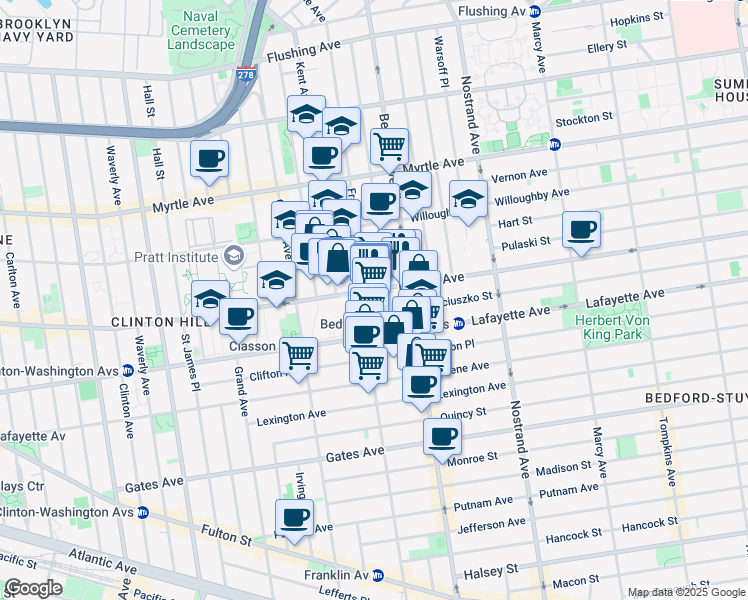 map of restaurants, bars, coffee shops, grocery stores, and more near 473 DeKalb Avenue in Brooklyn