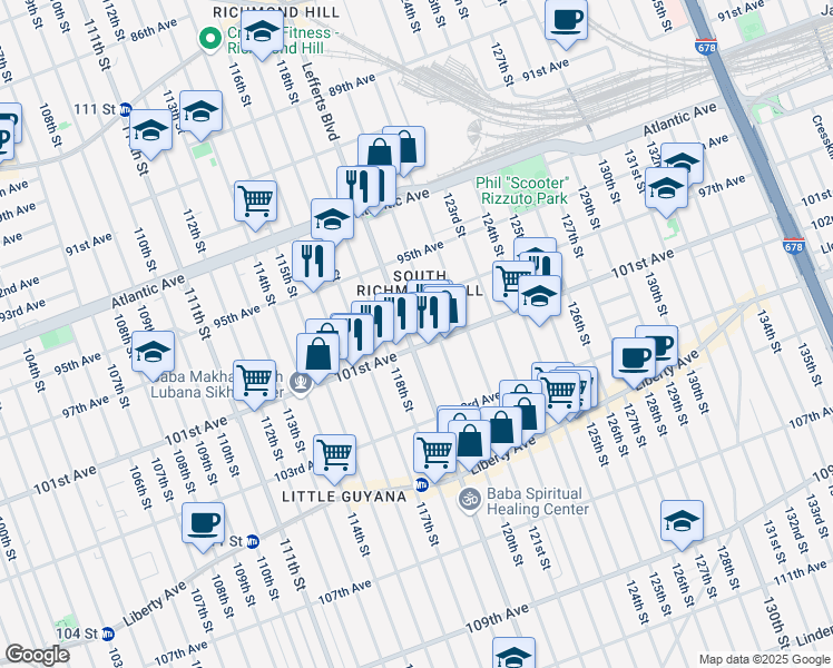 map of restaurants, bars, coffee shops, grocery stores, and more near 97-30 120th Street in Queens