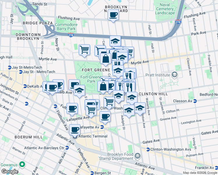 map of restaurants, bars, coffee shops, grocery stores, and more near 242 Carlton Avenue in Brooklyn