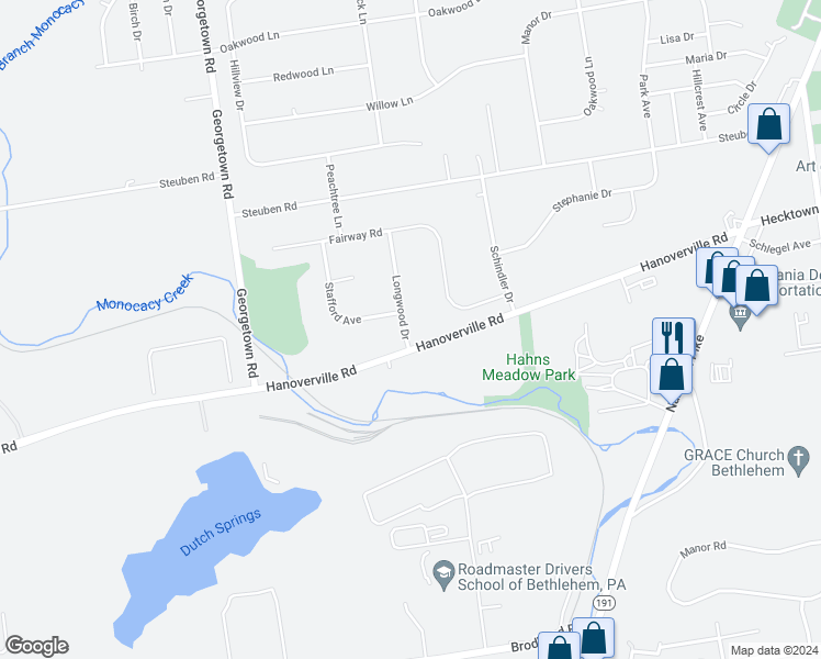 map of restaurants, bars, coffee shops, grocery stores, and more near 234 Longwood Drive in Bethlehem