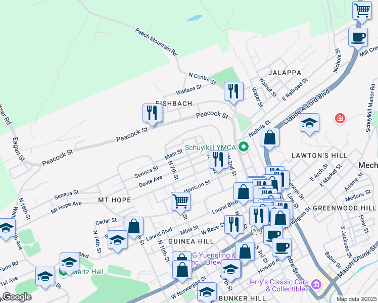 map of restaurants, bars, coffee shops, grocery stores, and more near 425 Main Street in Pottsville
