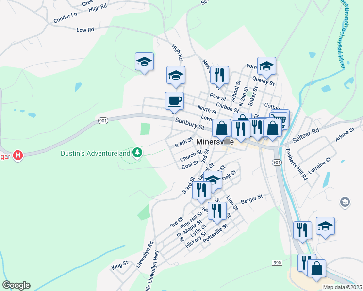 map of restaurants, bars, coffee shops, grocery stores, and more near 229 South 4th Street in Minersville