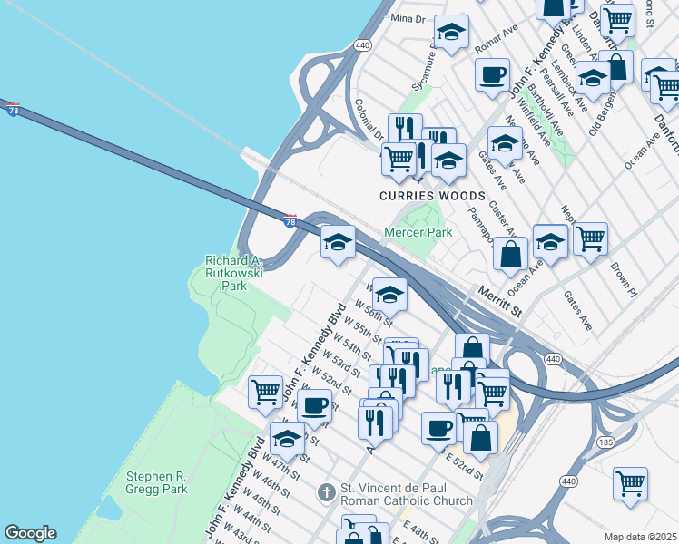 map of restaurants, bars, coffee shops, grocery stores, and more near 1241 John F. Kennedy Boulevard in Bayonne