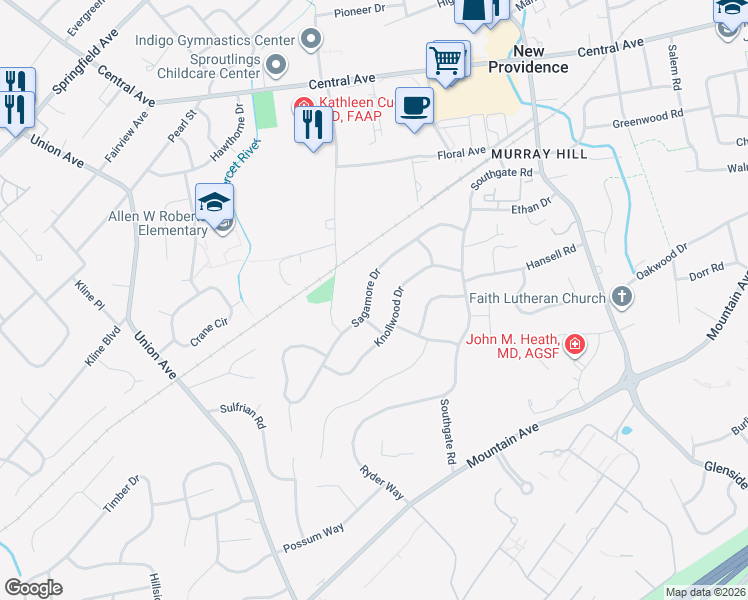 map of restaurants, bars, coffee shops, grocery stores, and more near 127 Sagamore Drive in New Providence