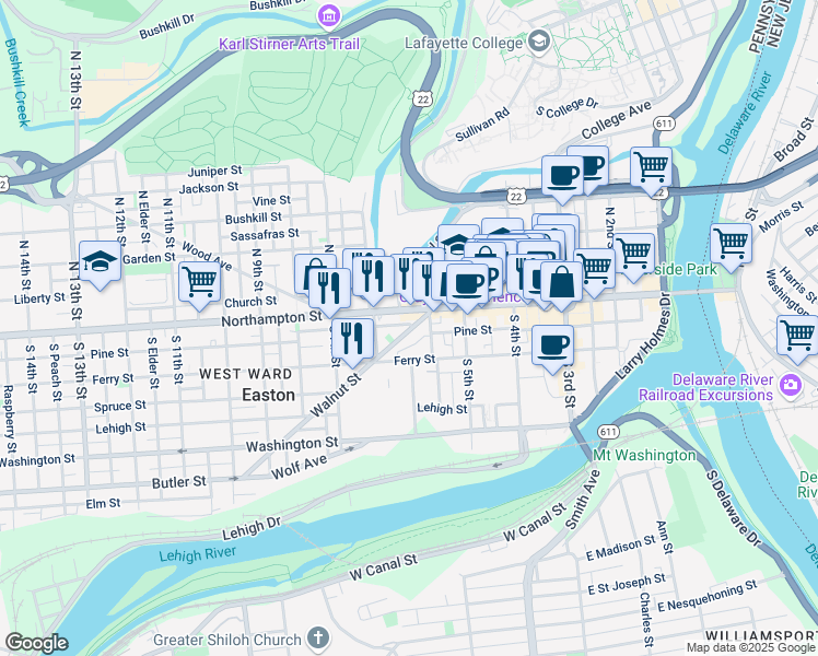map of restaurants, bars, coffee shops, grocery stores, and more near 617 Walnut Street in Easton