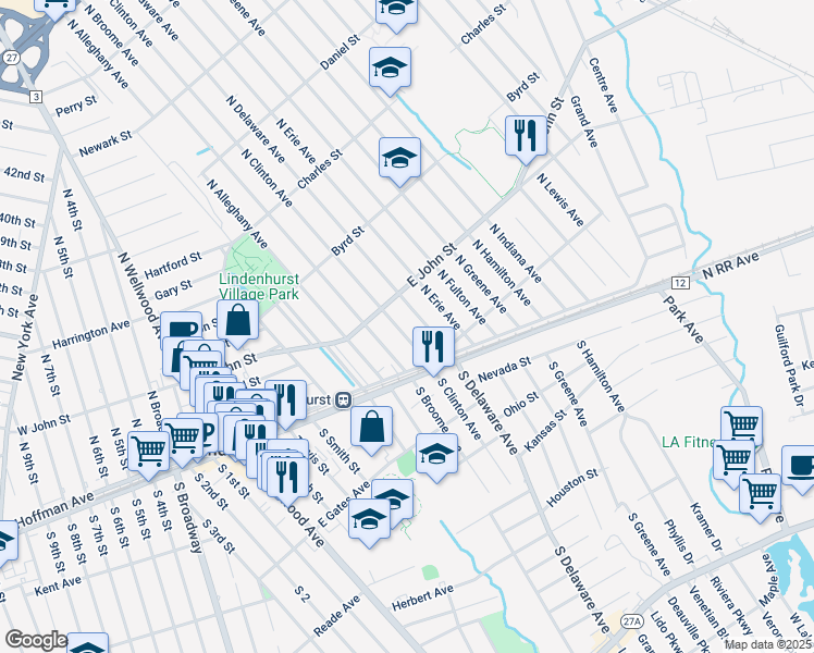 map of restaurants, bars, coffee shops, grocery stores, and more near 145 North Delaware Avenue in Lindenhurst