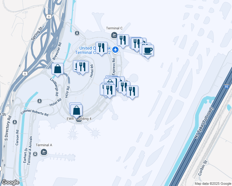 map of restaurants, bars, coffee shops, grocery stores, and more near 1 Brewster Road in Newark