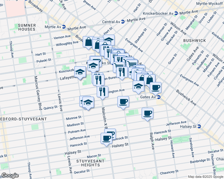 map of restaurants, bars, coffee shops, grocery stores, and more near 803 Lexington Avenue in Brooklyn