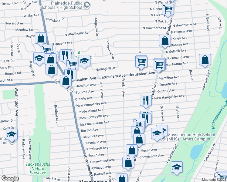 map of restaurants, bars, coffee shops, grocery stores, and more near 130 Toronto Avenue in Massapequa