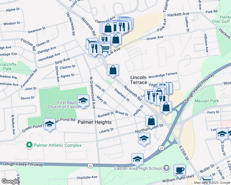 map of restaurants, bars, coffee shops, grocery stores, and more near 2750 Stephens Street in Easton