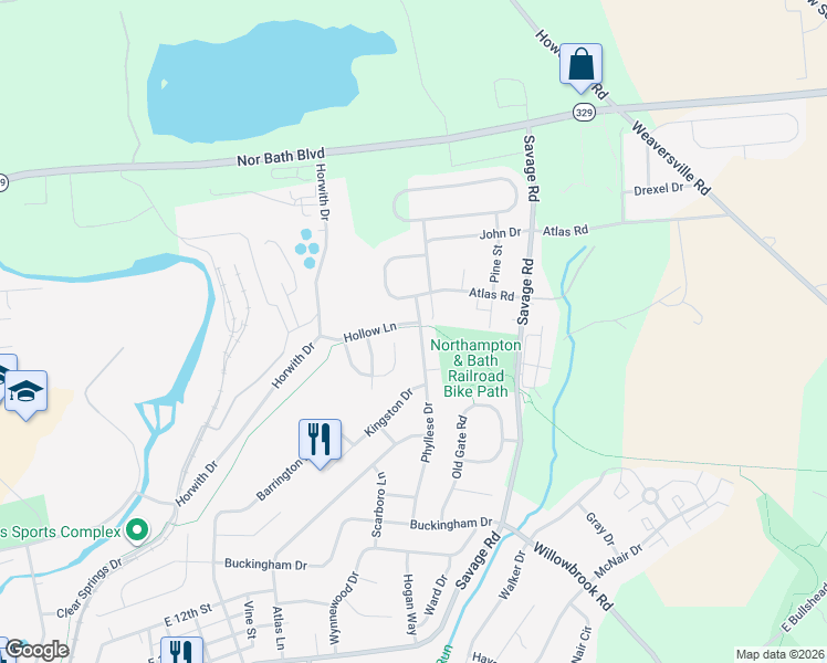 map of restaurants, bars, coffee shops, grocery stores, and more near 36 Phyllese Drive in Northampton