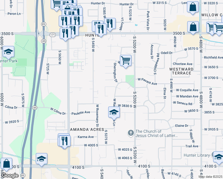map of restaurants, bars, coffee shops, grocery stores, and more near 5341 Moshier Lane in West Valley City