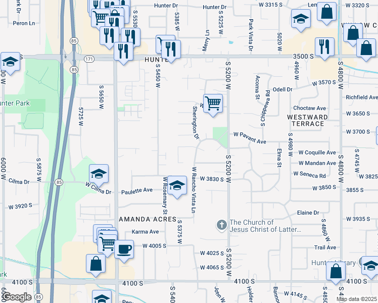 map of restaurants, bars, coffee shops, grocery stores, and more near 5341 Moshier Lane in West Valley City