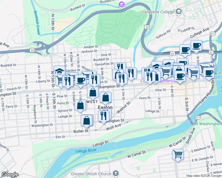 map of restaurants, bars, coffee shops, grocery stores, and more near in Easton