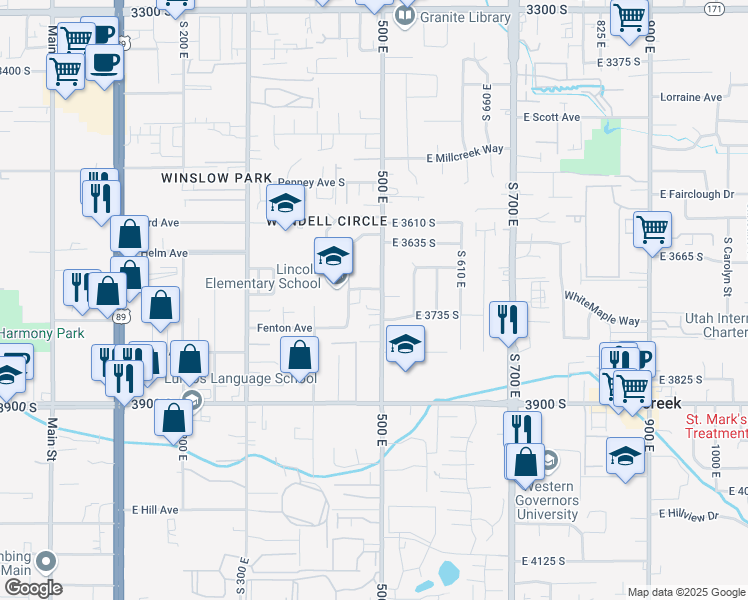 map of restaurants, bars, coffee shops, grocery stores, and more near 3718 500 East in South Salt Lake