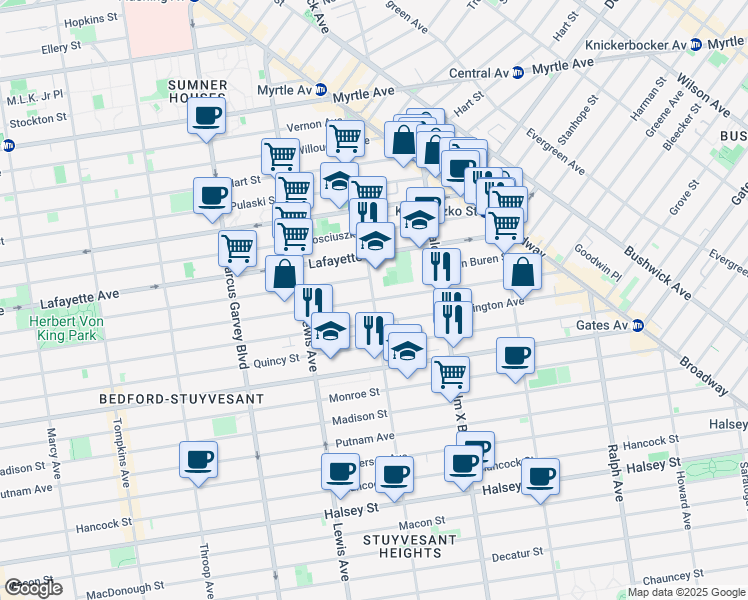 map of restaurants, bars, coffee shops, grocery stores, and more near Greene Ave & Stuyvesant Ave in Brooklyn