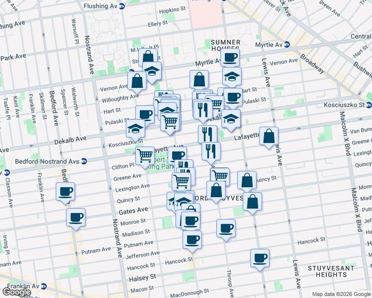 map of restaurants, bars, coffee shops, grocery stores, and more near 714 Lafayette Avenue in Brooklyn