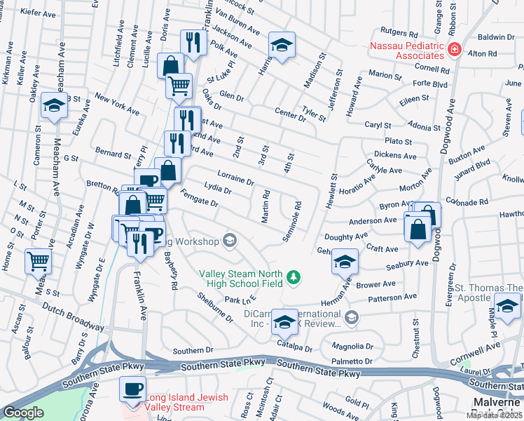 map of restaurants, bars, coffee shops, grocery stores, and more near 592 Martin Road in Franklin Square