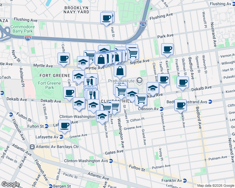 map of restaurants, bars, coffee shops, grocery stores, and more near 270 Washington Avenue in Brooklyn