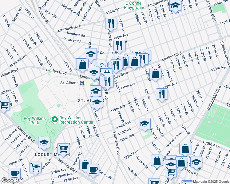 map of restaurants, bars, coffee shops, grocery stores, and more near 189-4 118th Avenue in Queens