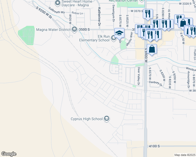 map of restaurants, bars, coffee shops, grocery stores, and more near 8719 West Beckville Drive in Magna