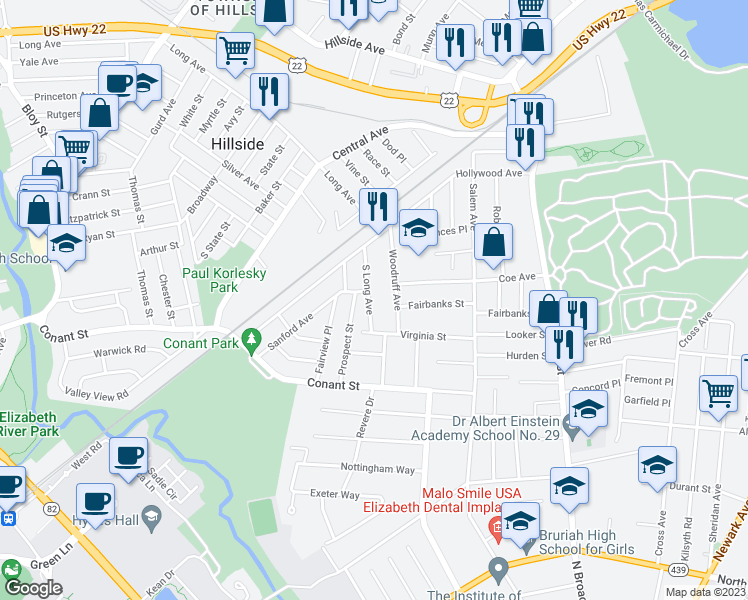 map of restaurants, bars, coffee shops, grocery stores, and more near 1129 South Long Avenue in Hillside