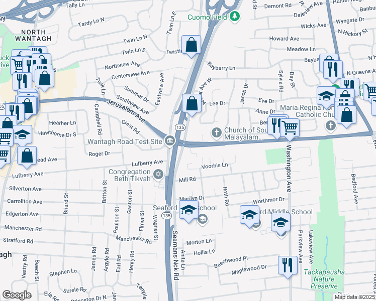 map of restaurants, bars, coffee shops, grocery stores, and more near 3760 Jerusalem Avenue in Seaford
