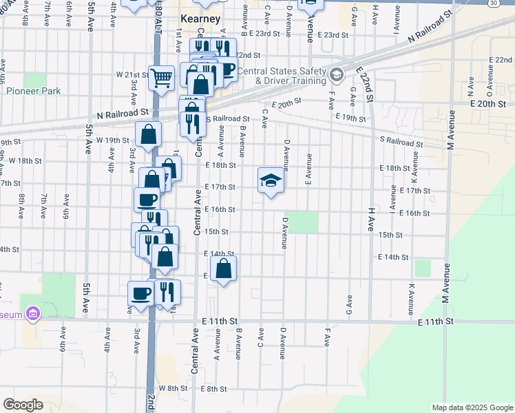 map of restaurants, bars, coffee shops, grocery stores, and more near 22 East 16th Street in Kearney