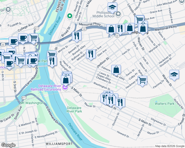 map of restaurants, bars, coffee shops, grocery stores, and more near 130 Hudson Street in Phillipsburg