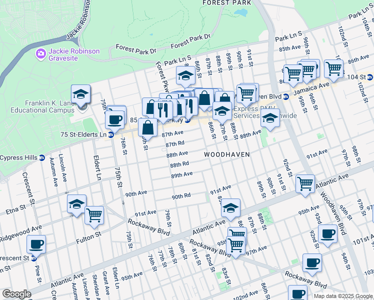 map of restaurants, bars, coffee shops, grocery stores, and more near 80-45 88th Avenue in Queens