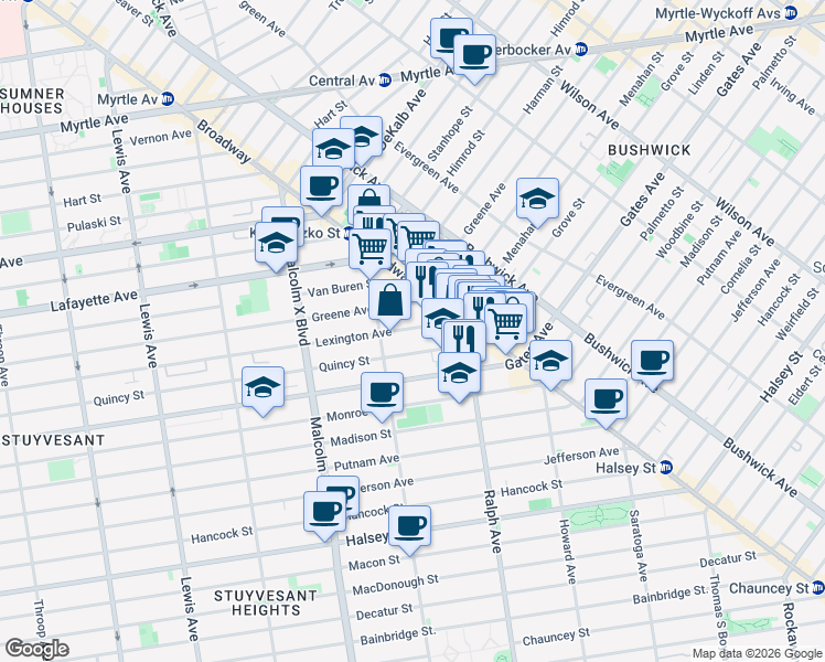 map of restaurants, bars, coffee shops, grocery stores, and more near 818 Lexington Avenue in Brooklyn